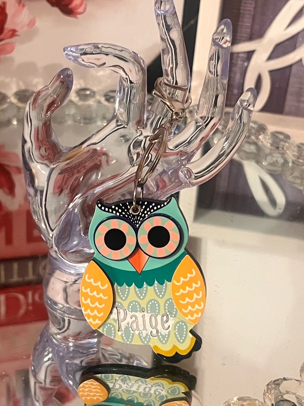 Personalized Owl Keychain with mirrow  - Turquoise, Orange & Pink